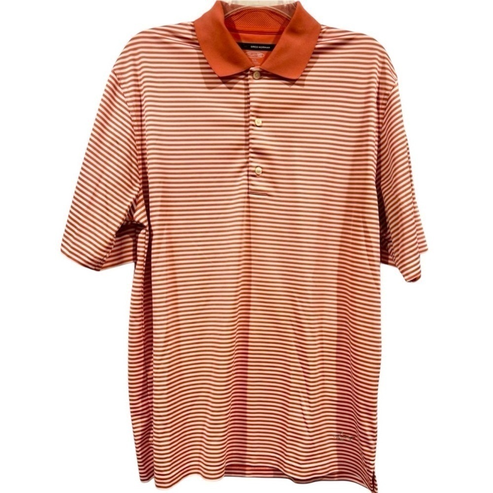 Greg Norman Shark Polo Mens Medium Orange Stripe Performance Golf Shirt Play Dry